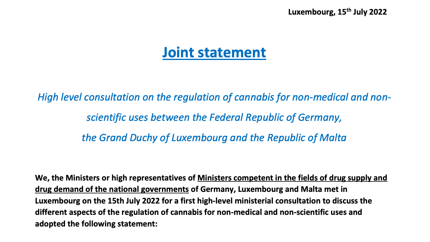 ドイツ、マルタ、ルクセンブルクが大麻の法改正について共同声明を発表